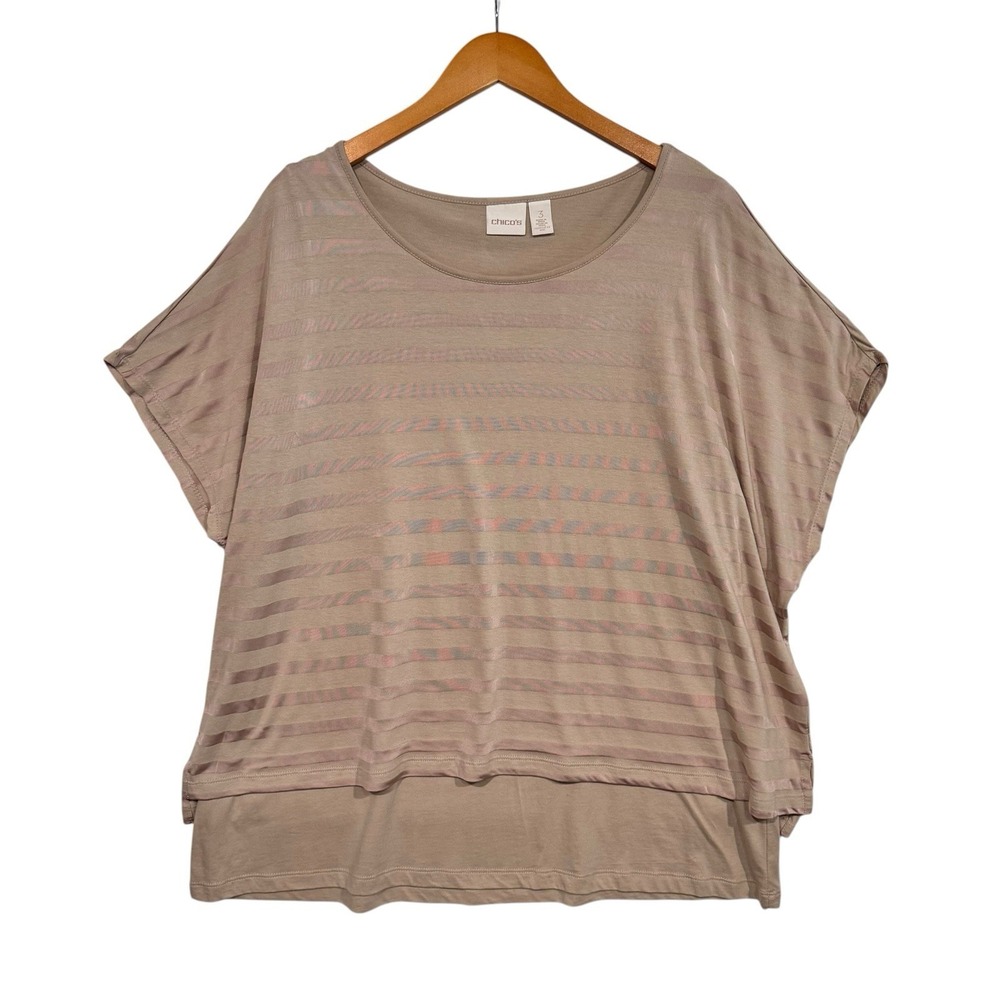 Chicos Top Womens 3 Taupe Layered Stripe Metallic Knit Dolman Casual Plus